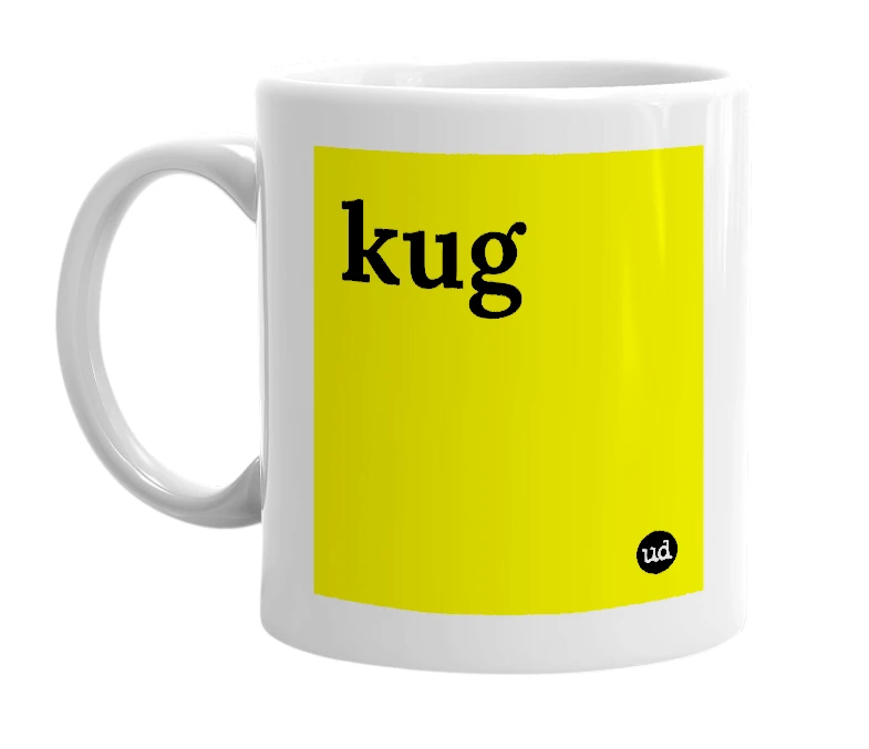 White mug with 'kug' in bold black letters