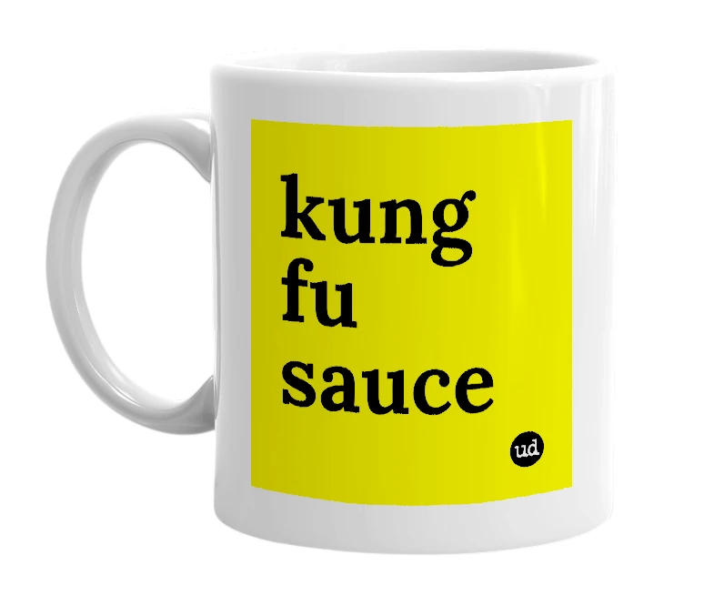 White mug with 'kung fu sauce' in bold black letters