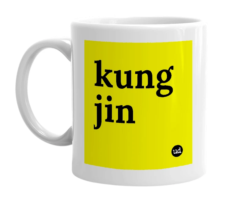 White mug with 'kung jin' in bold black letters