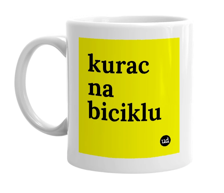 White mug with 'kurac na biciklu' in bold black letters