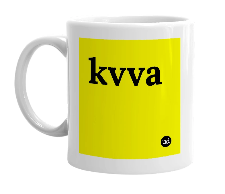 White mug with 'kvva' in bold black letters