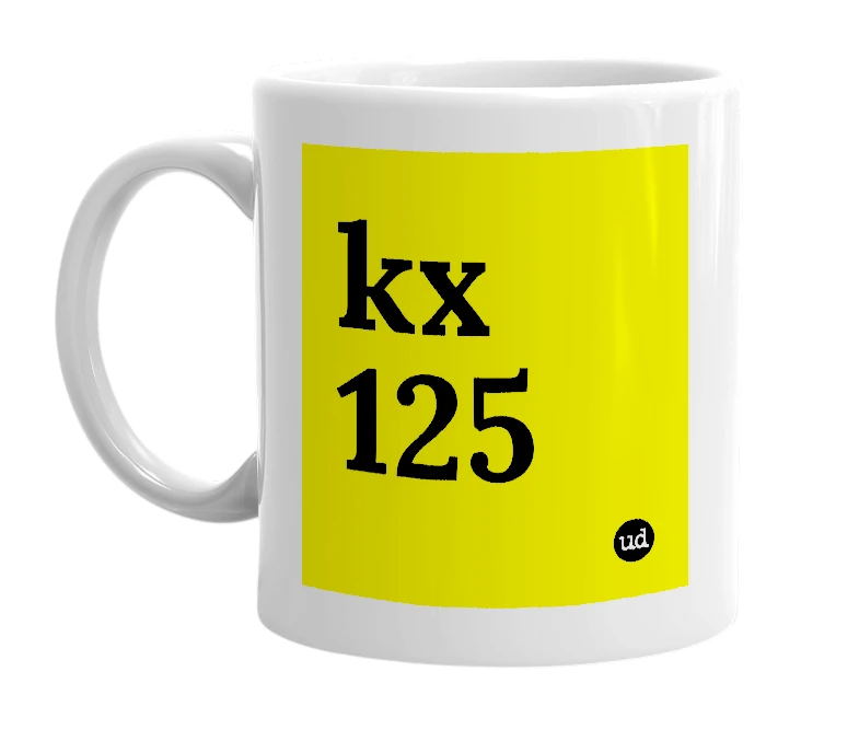White mug with 'kx 125' in bold black letters