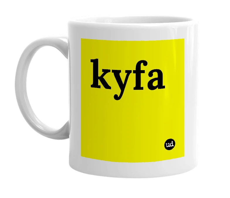 White mug with 'kyfa' in bold black letters