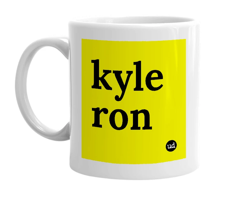 White mug with 'kyle ron' in bold black letters