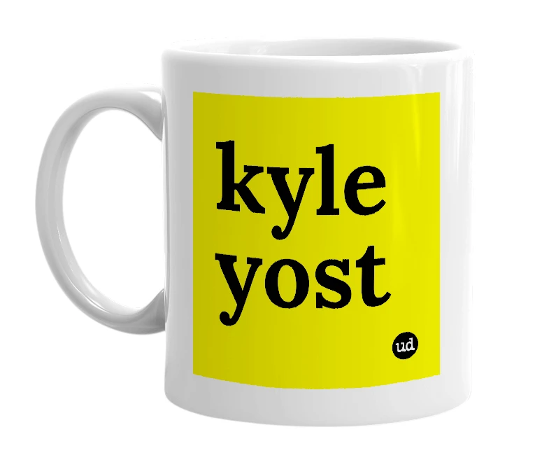 White mug with 'kyle yost' in bold black letters