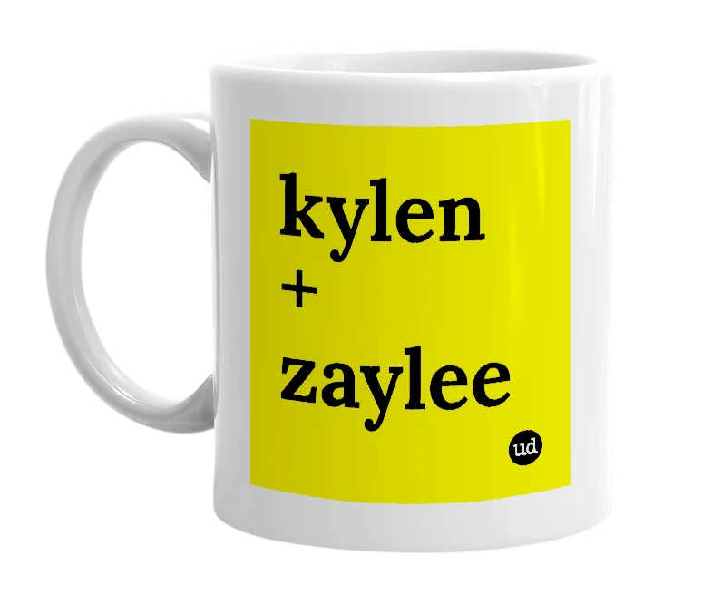 White mug with 'kylen + zaylee' in bold black letters
