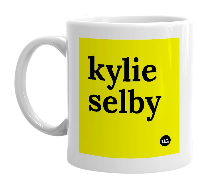 White mug with 'kylie selby' in bold black letters