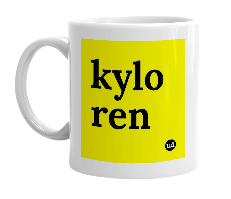 White mug with 'kylo ren' in bold black letters
