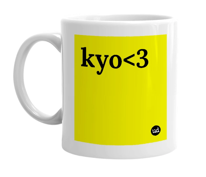 White mug with 'kyo<3' in bold black letters