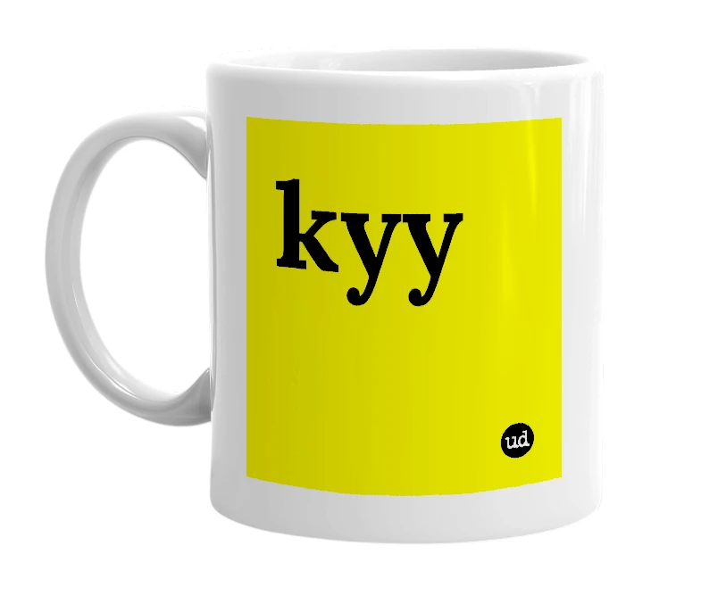 White mug with 'kyy' in bold black letters
