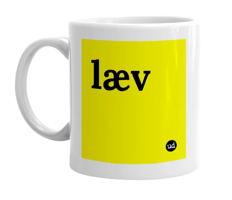 White mug with 'læv' in bold black letters