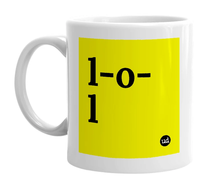 White mug with 'l-o-l' in bold black letters