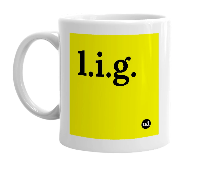 White mug with 'l.i.g.' in bold black letters