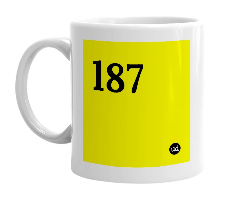 White mug with 'l87' in bold black letters