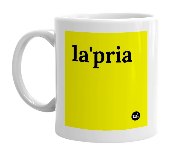 White mug with 'la'pria' in bold black letters