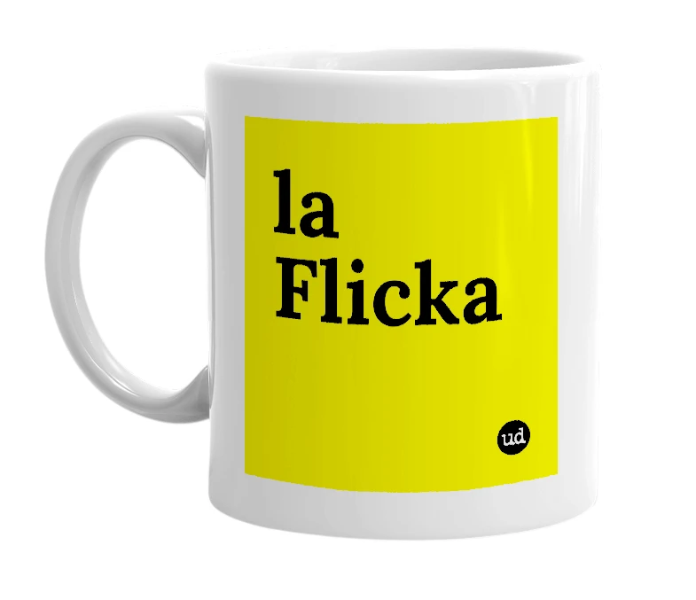White mug with 'la Flicka' in bold black letters
