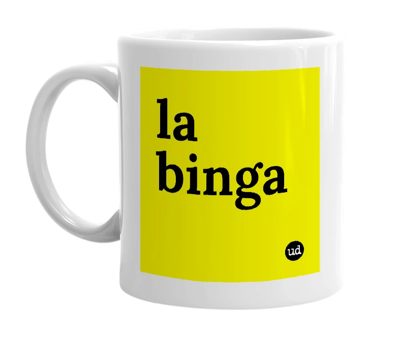 White mug with 'la binga' in bold black letters