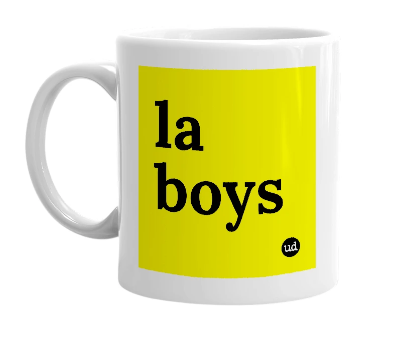 White mug with 'la boys' in bold black letters