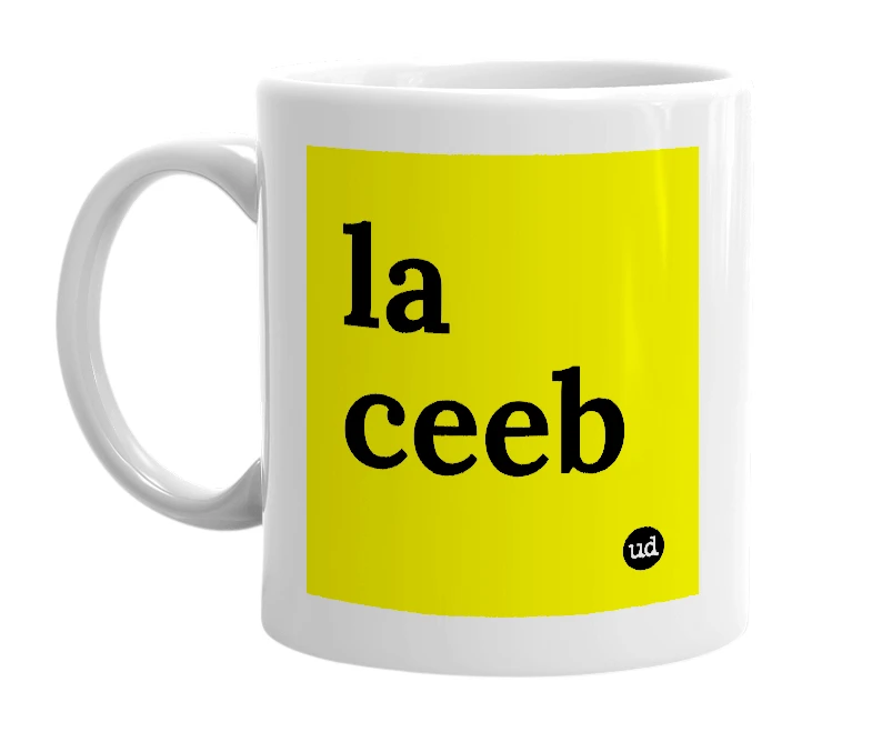 White mug with 'la ceeb' in bold black letters