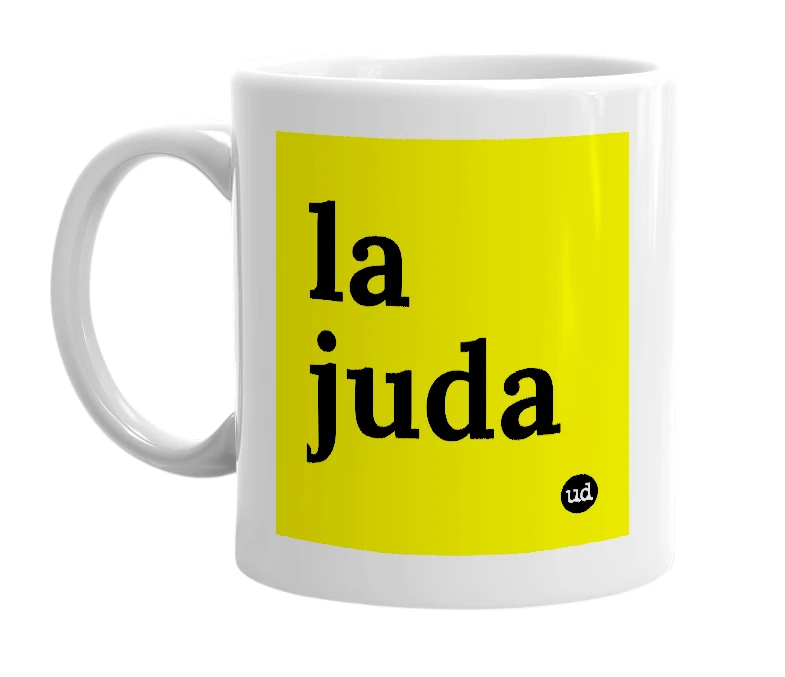 White mug with 'la juda' in bold black letters