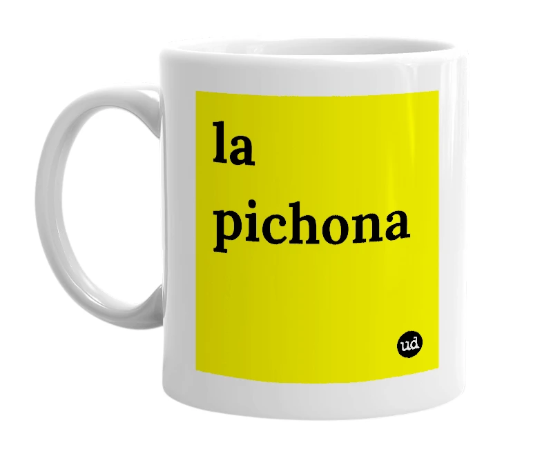 White mug with 'la pichona' in bold black letters