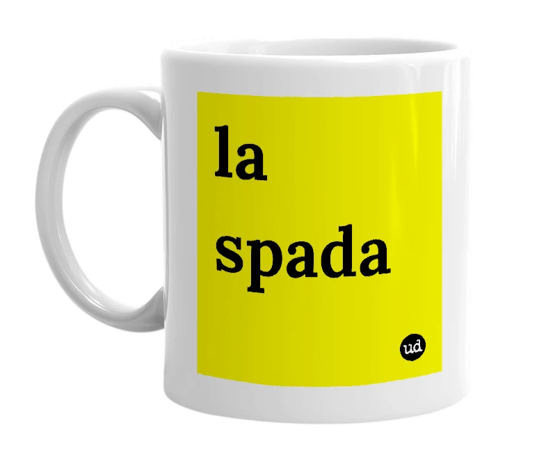 White mug with 'la spada' in bold black letters