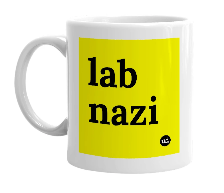 White mug with 'lab nazi' in bold black letters