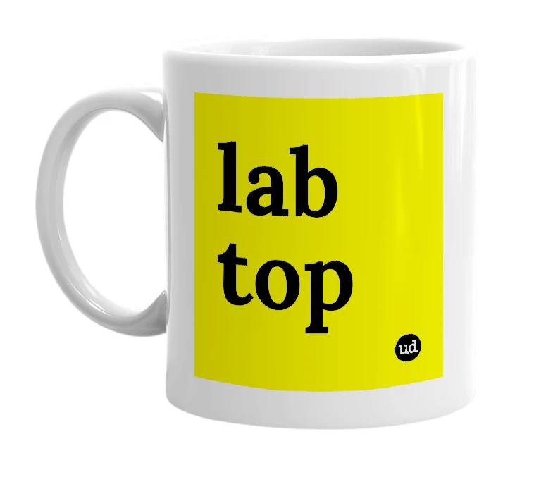 White mug with 'lab top' in bold black letters