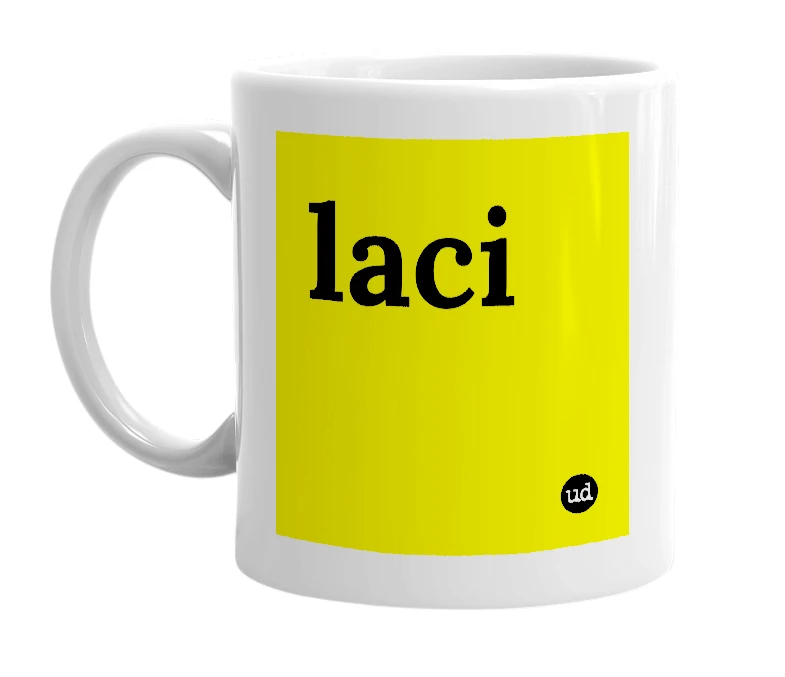 White mug with 'laci' in bold black letters