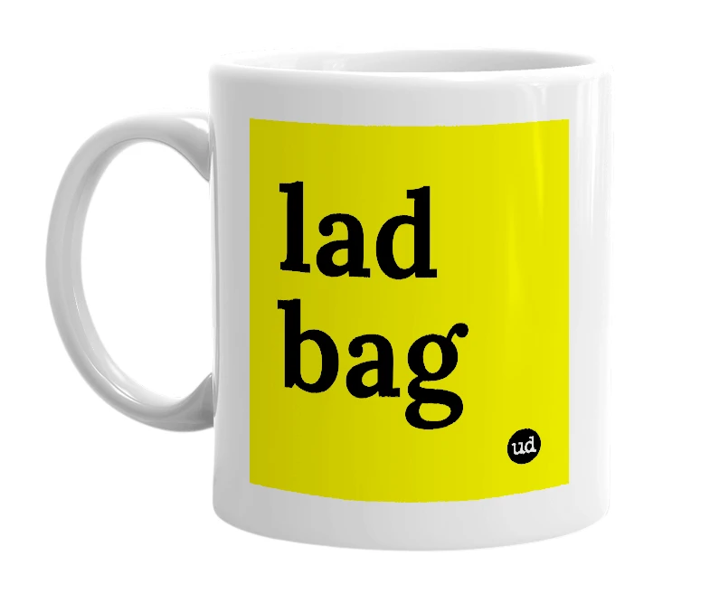 White mug with 'lad bag' in bold black letters
