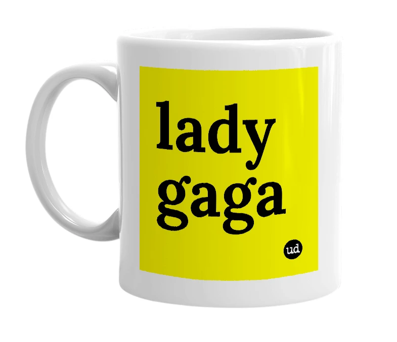 White mug with 'lady gaga' in bold black letters