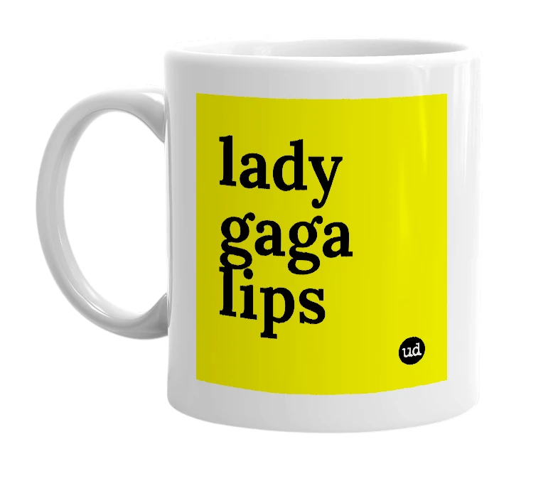 White mug with 'lady gaga lips' in bold black letters