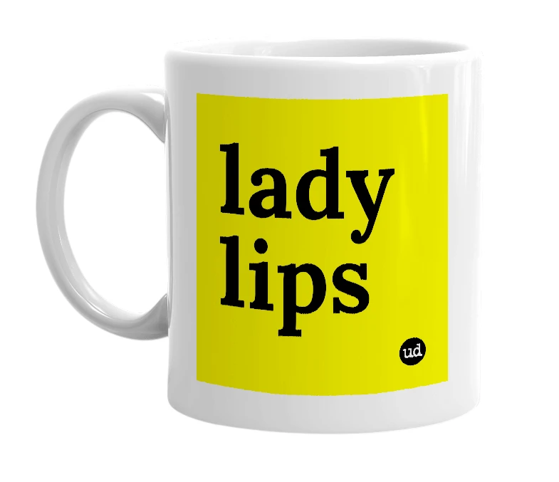 White mug with 'lady lips' in bold black letters