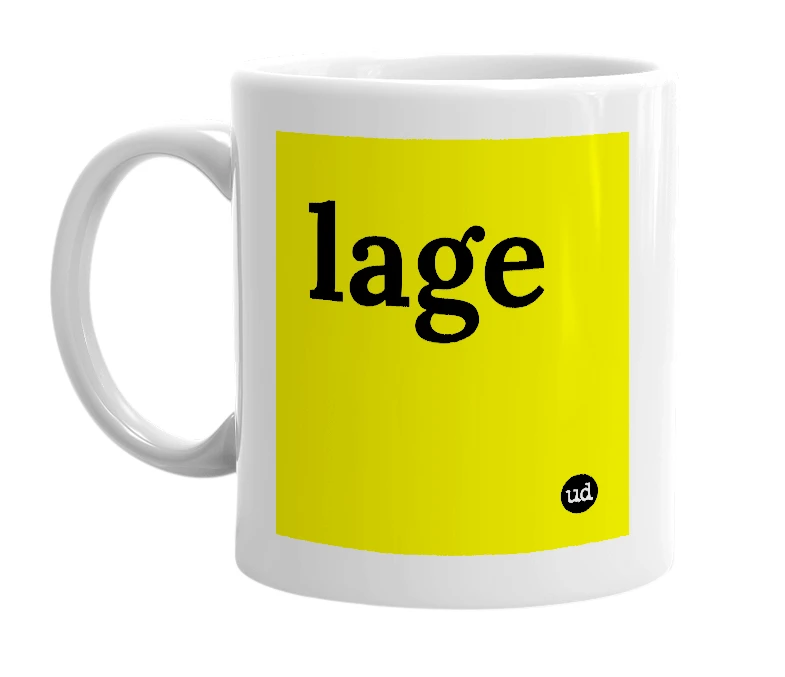 White mug with 'lage' in bold black letters