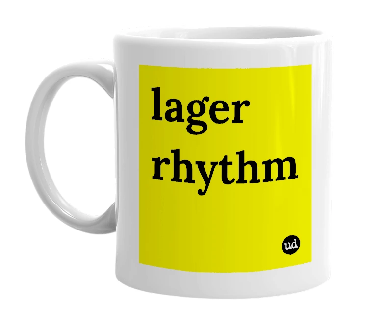 White mug with 'lager rhythm' in bold black letters