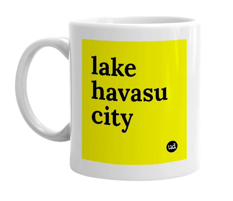 White mug with 'lake havasu city' in bold black letters