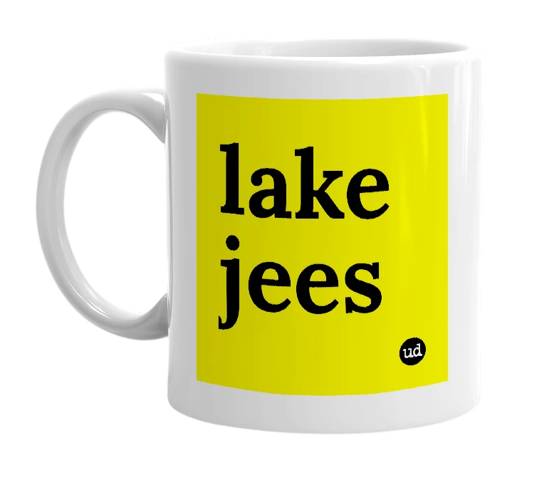 White mug with 'lake jees' in bold black letters