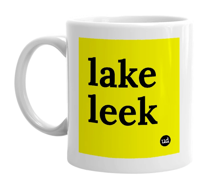 White mug with 'lake leek' in bold black letters