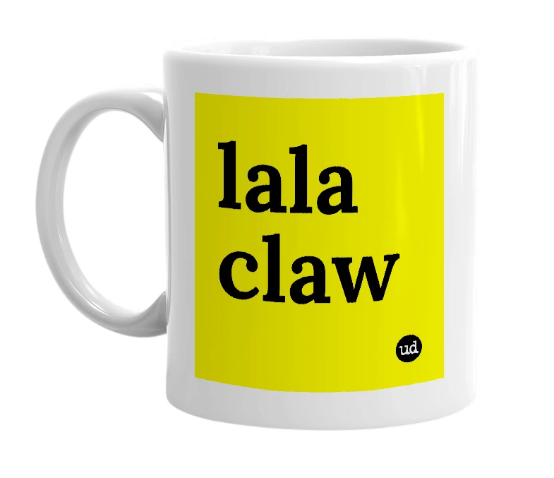 White mug with 'lala claw' in bold black letters