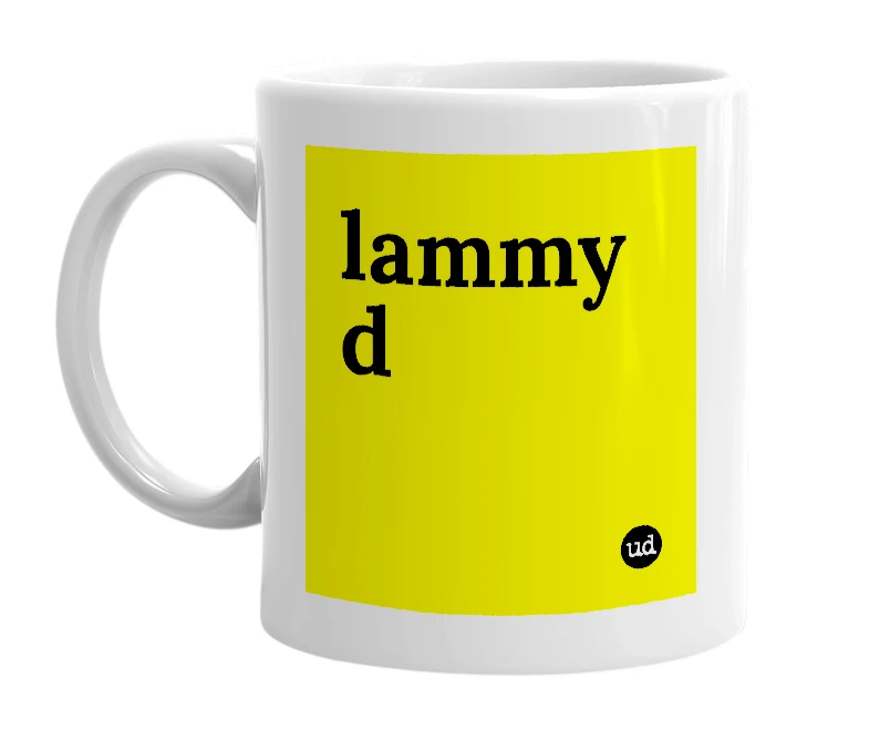 White mug with 'lammy d' in bold black letters