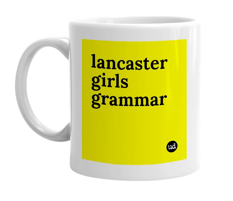 White mug with 'lancaster girls grammar' in bold black letters