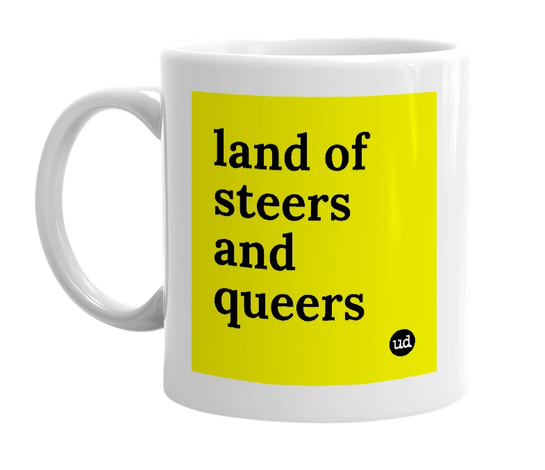 White mug with 'land of steers and queers' in bold black letters