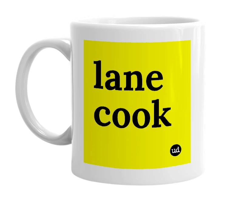 White mug with 'lane cook' in bold black letters