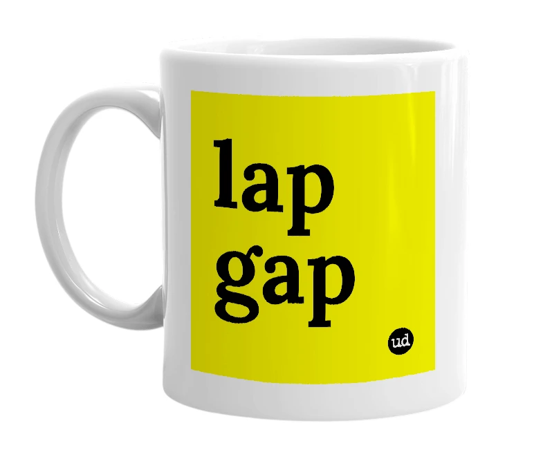 White mug with 'lap gap' in bold black letters