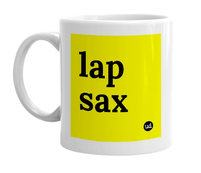 White mug with 'lap sax' in bold black letters