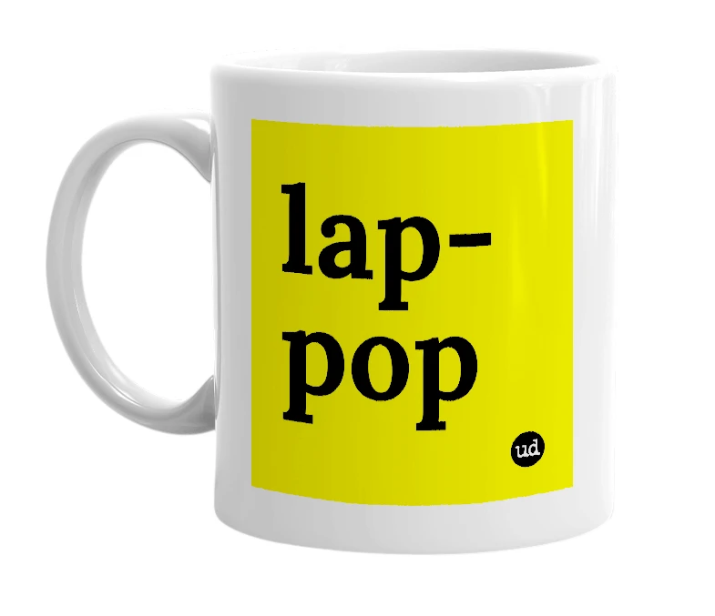 White mug with 'lap-pop' in bold black letters