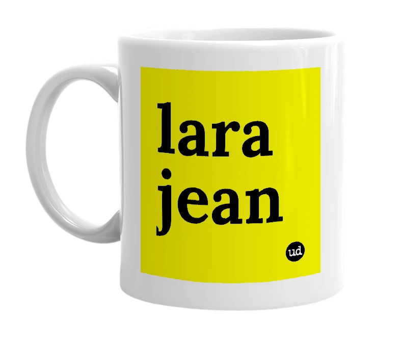 White mug with 'lara jean' in bold black letters