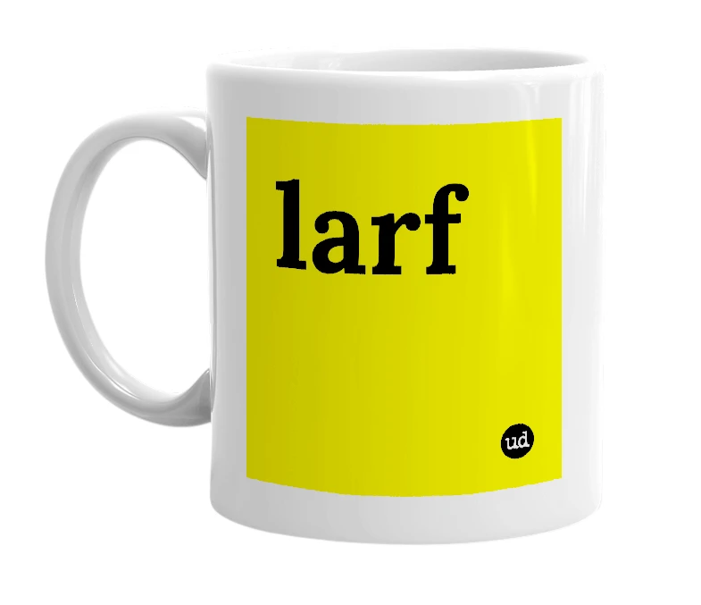 White mug with 'larf' in bold black letters