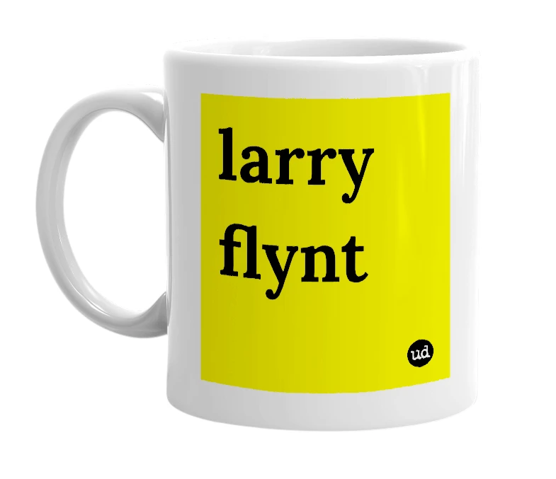 White mug with 'larry flynt' in bold black letters
