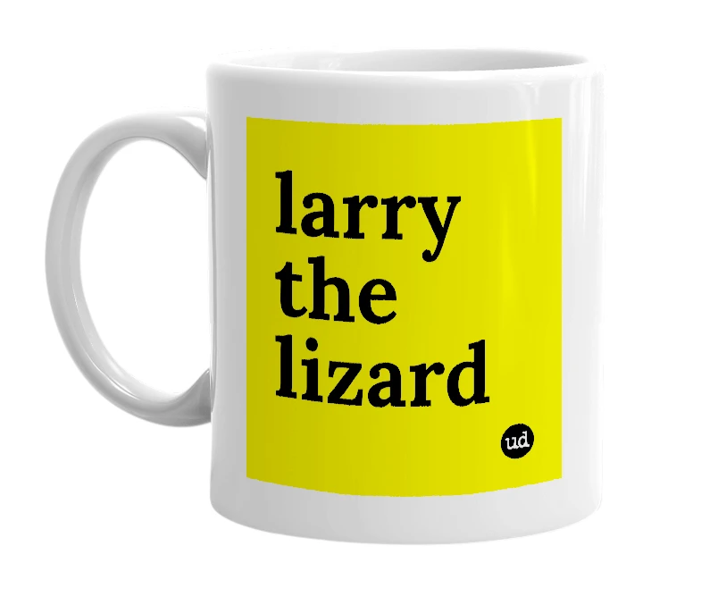 White mug with 'larry the lizard' in bold black letters